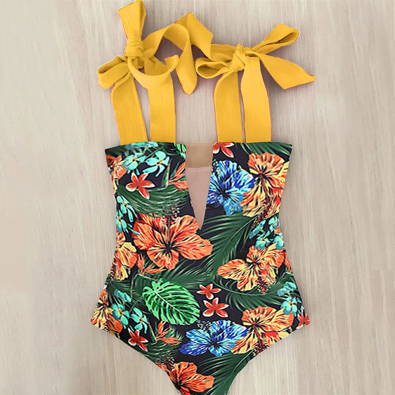 floral one-piece swimsuit womens wide straps bow tie swimwear full coverage swimsuit