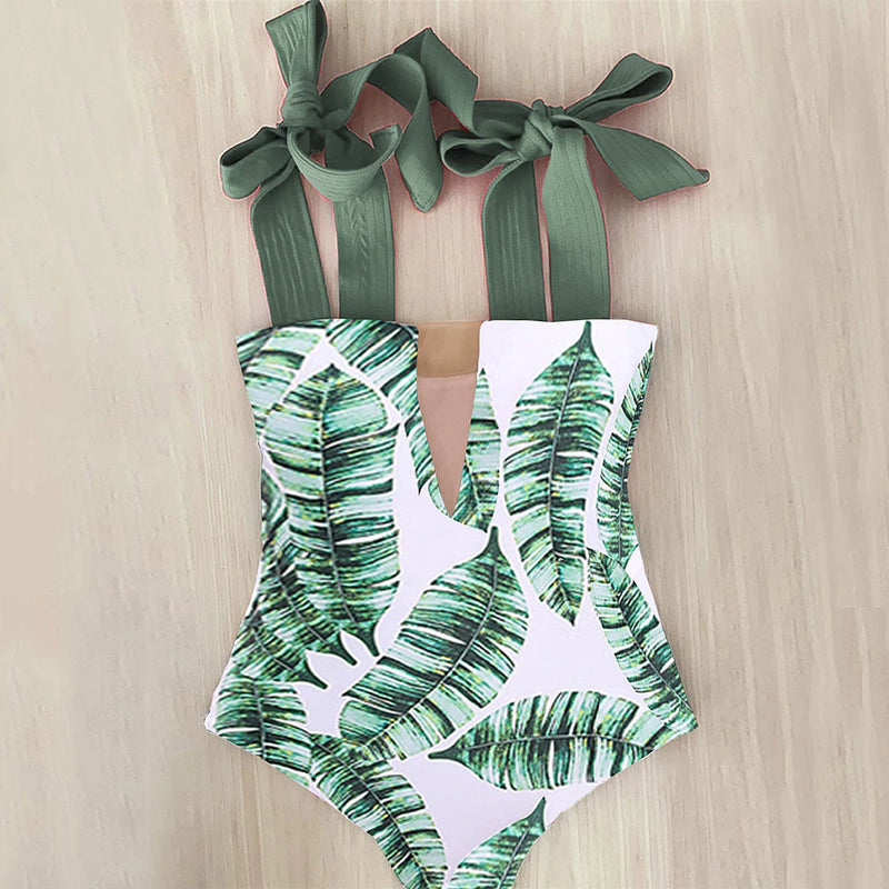 green leaf one-piece swimsuit womens wide straps bow tie swimwear full coverage swimsuit