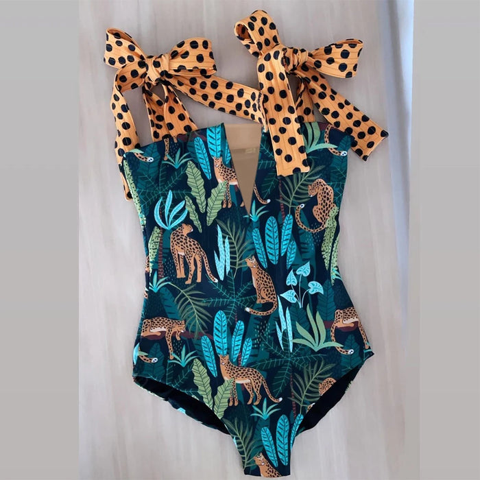 jungle one-piece swimsuit womens wide straps bow tie swimwear full coverage swimsuit