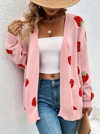 pink strawberry cardigan fruit pattern sweaters for women pink knitwear feminine sweater open cardigan oversized sweater for winter