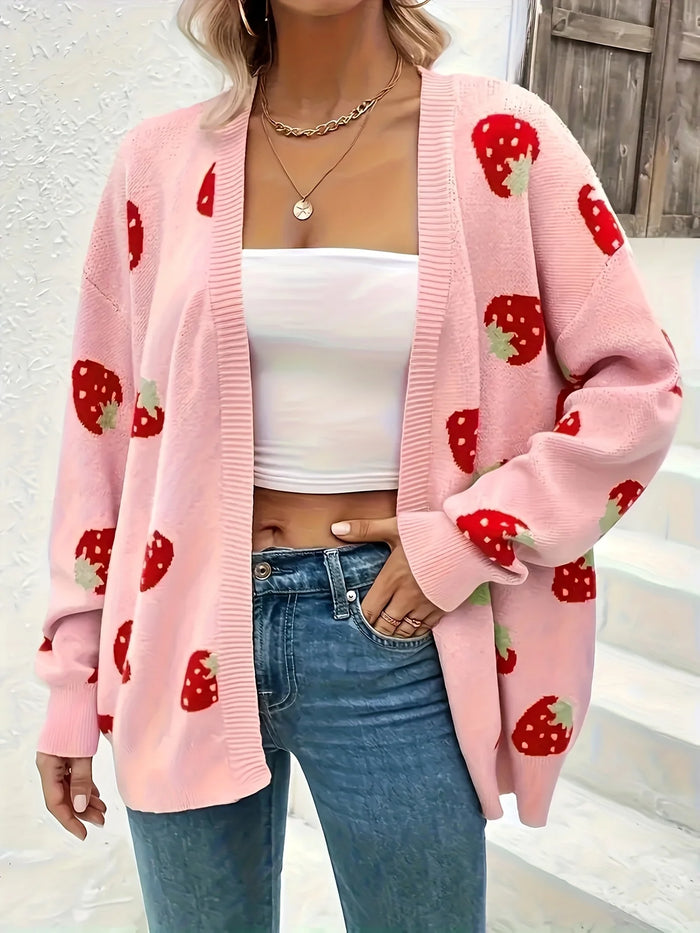 pink strawberry cardigan fruit pattern sweaters for women pink knitwear feminine sweater open cardigan oversized sweater for winter