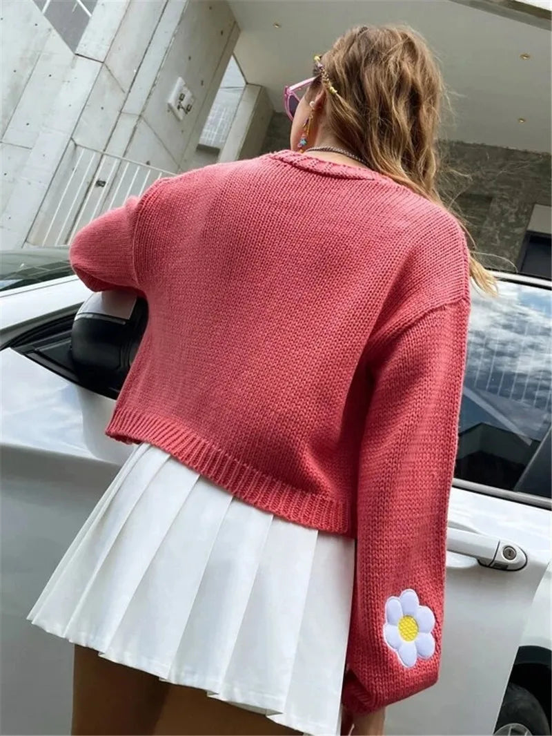 flower cardigan daisy sweater for women cute cropped sweaters embroidered cardi pastel knitwear