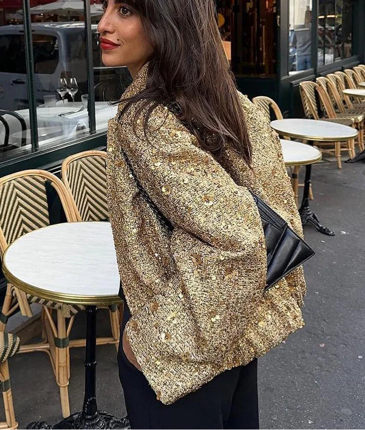 gold sequin women's jacket shiny boxy jackets cute coats for women going out cropped jackets