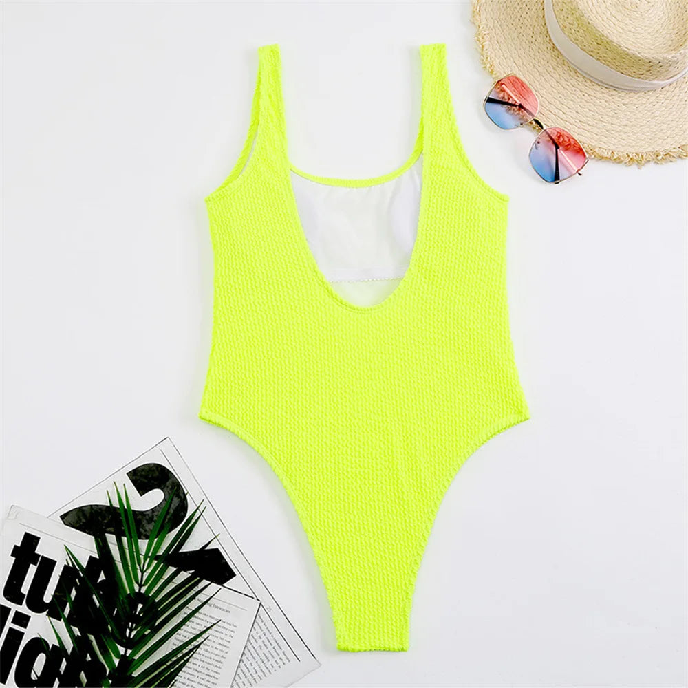 ribbed stretchy one piece swimsuit womens swimwear plain one-piece neon swimsuits