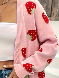 pink strawberry cardigan fruit pattern sweaters for women pink knitwear feminine sweater open cardigan oversized sweater for winter