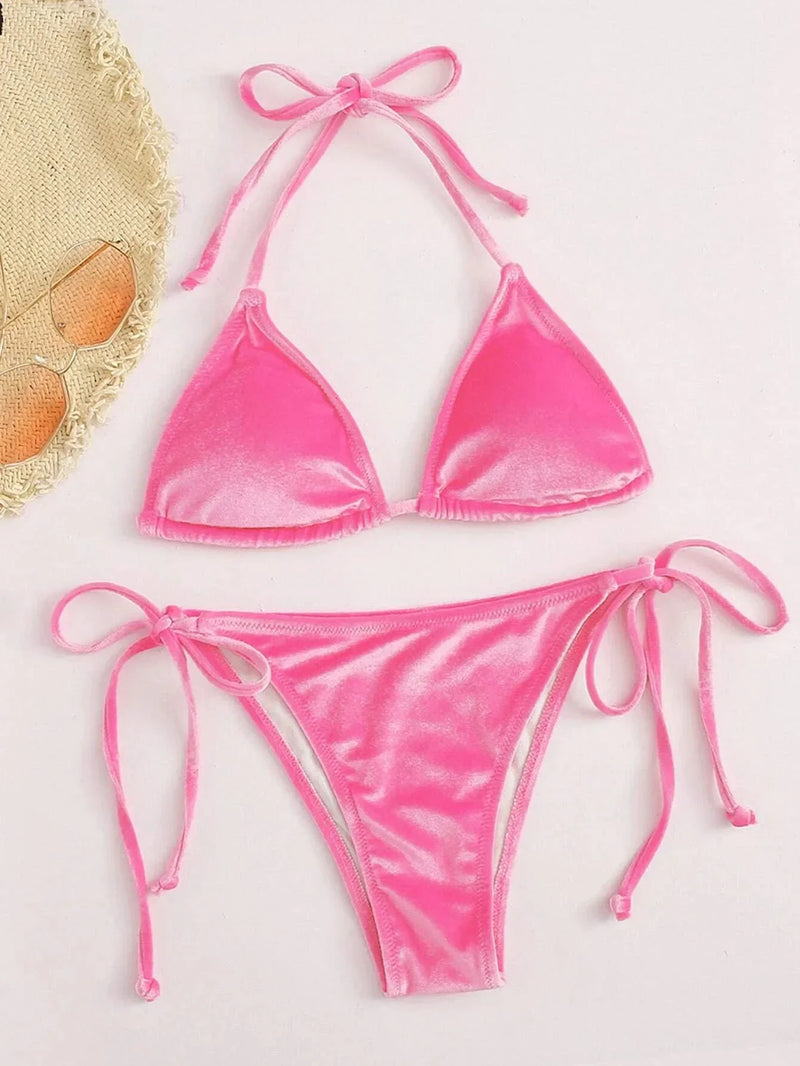 pink velvet bikini women's velvet swimsuits string bikinis