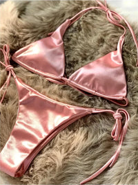 satin bikini metallic swimsuits women's string bikini high-cut swimwear shiny satin swimsuit