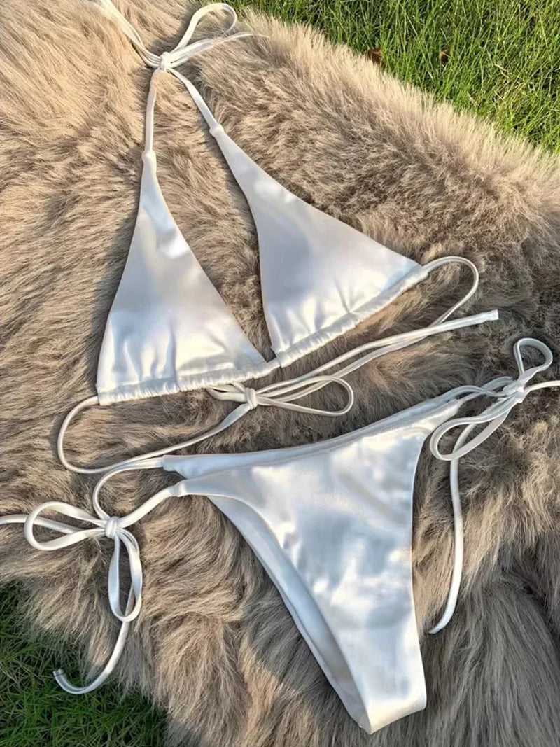 satin bikini metallic swimsuits women's string bikini high-cut swimwear shiny satin swimsuit