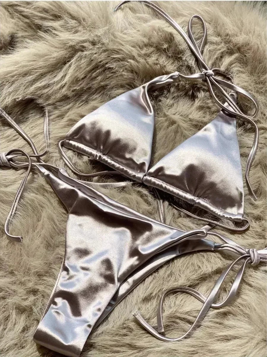 satin bikini metallic swimsuits women's string bikini high-cut swimwear shiny satin swimsuit