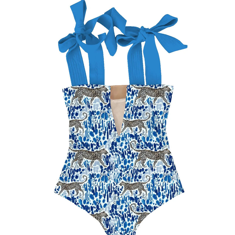 blue leopard one-piece swimsuit womens wide straps bow tie swimwear full coverage swimsuit