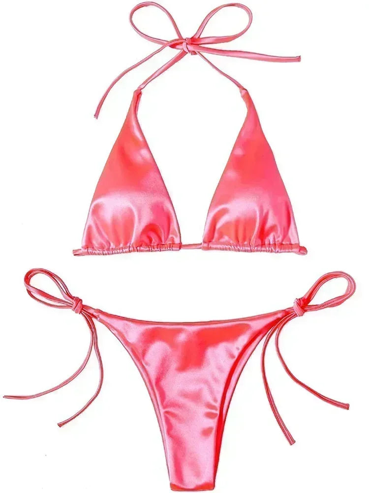 satin bikini metallic swimsuits women's string bikini high-cut swimwear shiny satin swimsuit