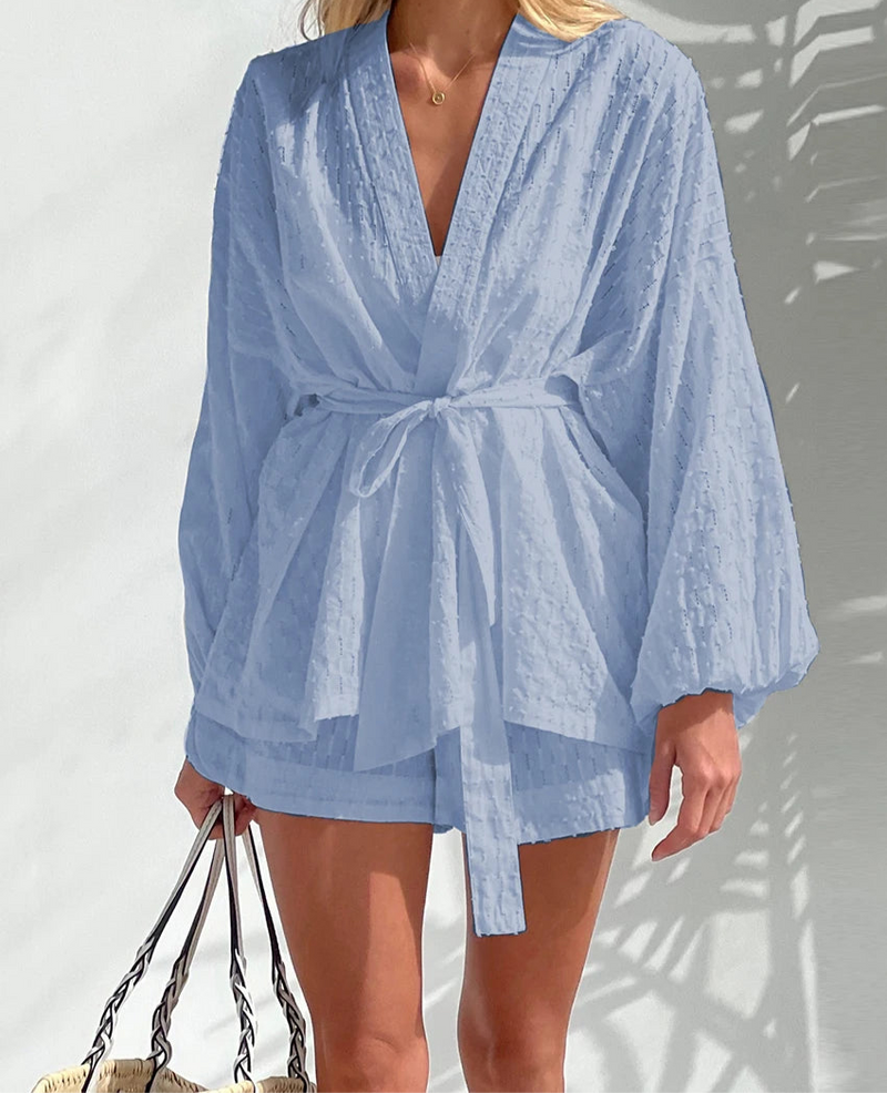 belted robe long sleeved lounge top matching short set women's loungewear robe dress bubble sleeve top beach coverup