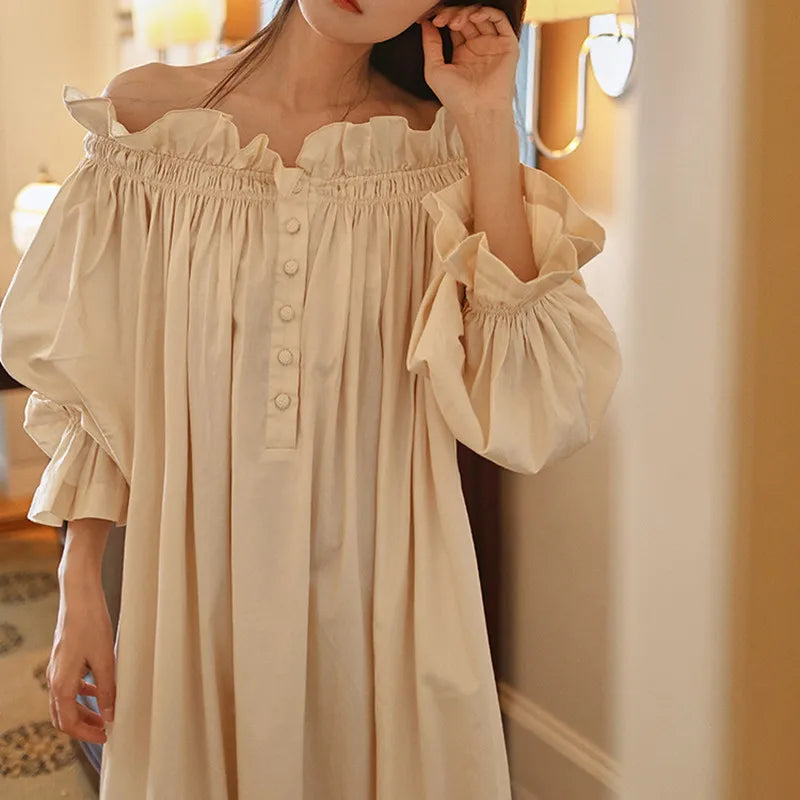 ruffled victorian nightgown floor length cottagecore vintage dress puff sleeves off-shoulder nightgowns 