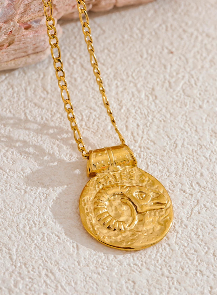 aries gold necklace round pendant zodiac sign women's gold jewelry star sign pendant necklaces