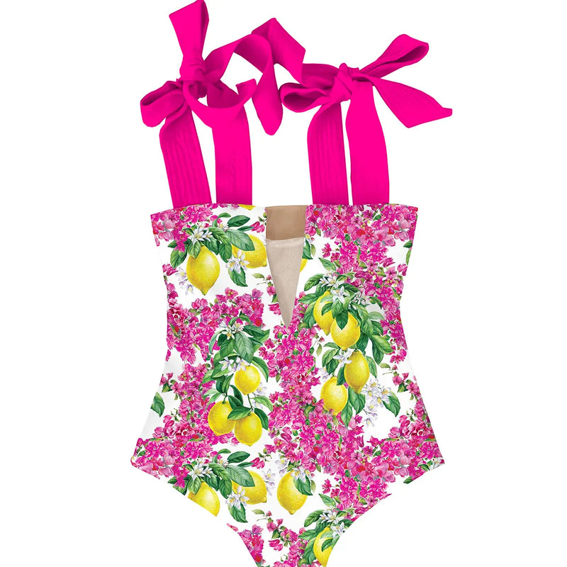 pink lemon one-piece swimsuit womens wide straps bow tie swimwear full coverage swimsuit