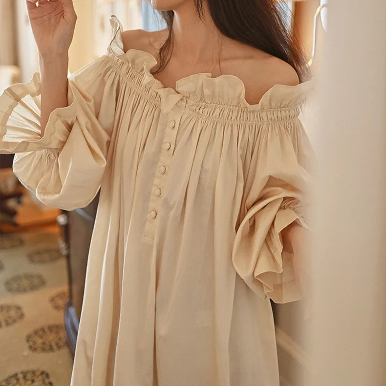 ruffled victorian nightgown floor length cottagecore vintage dress puff sleeves off-shoulder nightgowns 