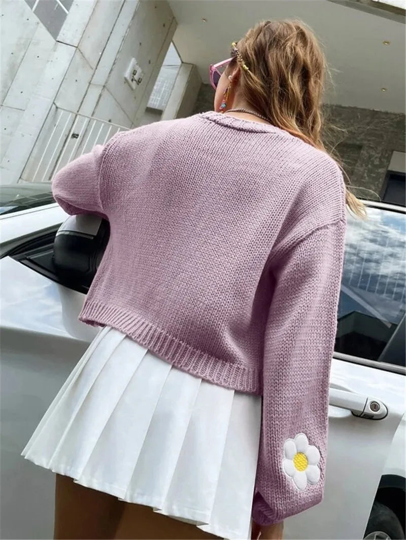 flower cardigan daisy sweater for women cute cropped sweaters embroidered cardi pastel knitwear