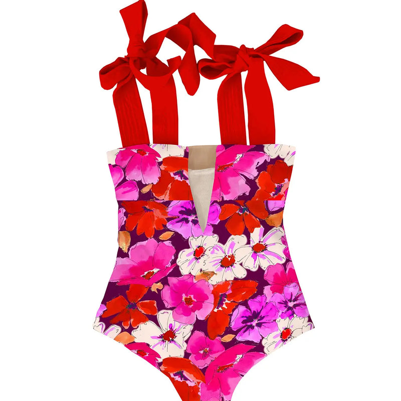 pink red flowers one-piece swimsuit womens wide straps bow tie swimwear full coverage swimsuit