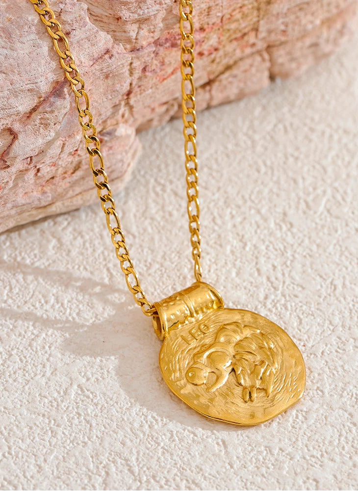 leo gold necklace round pendant zodiac sign women's gold jewelry star sign pendant necklaces