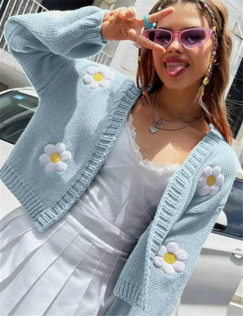 flower cardigan daisy sweater for women cute cropped sweaters embroidered cardi pastel knitwear