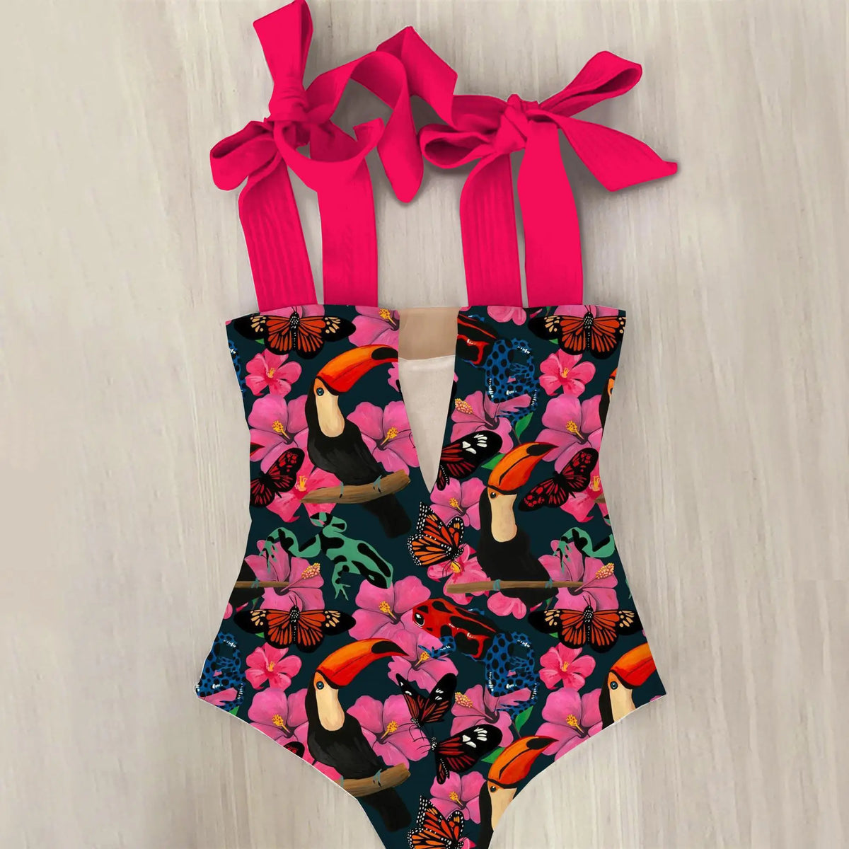 pink flower one-piece swimsuit womens wide straps bow tie swimwear full coverage swimsuit