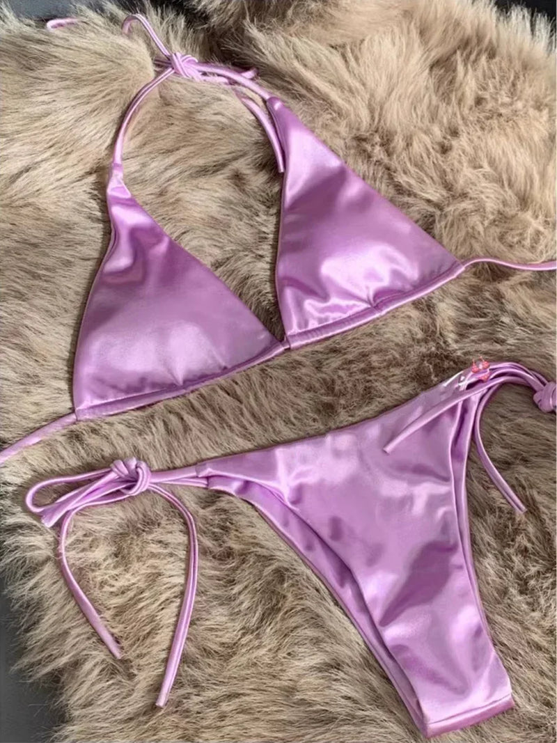 satin bikini metallic swimsuits women's string bikini high-cut swimwear shiny satin swimsuit