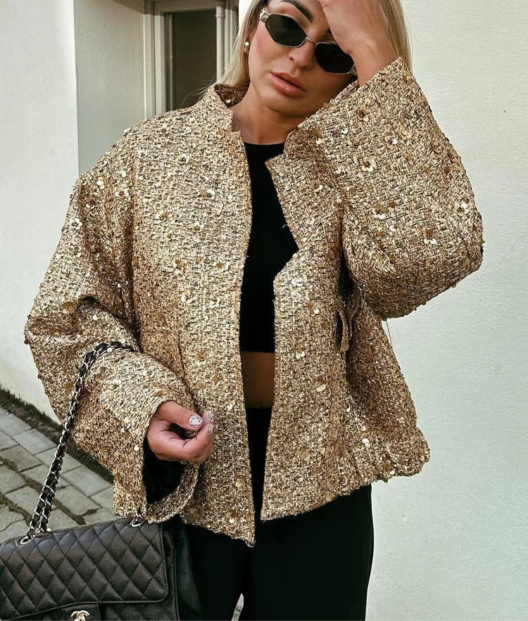 gold sequin women's jacket shiny boxy jackets cute coats for women going out cropped jackets