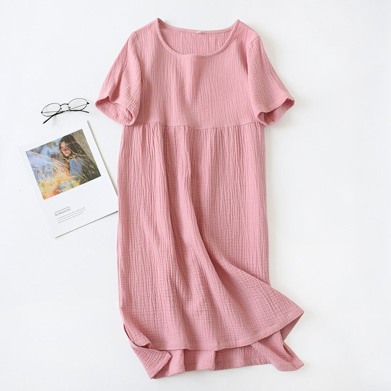 short sleeved women's cotton summer dress short nightgown sleep shirt house dress cotton crepe dresses