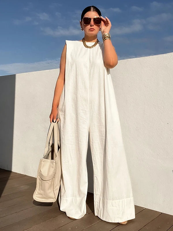 wide leg jumpsuit women's white loose vacation jumpsuit cotton playsuit romper women's summer clothes chic jumpsuit sleeveless