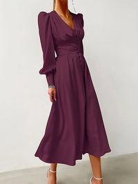 long satin dress buttoned work dress parisian clothing for women puffy lantern sleeves classy dresses