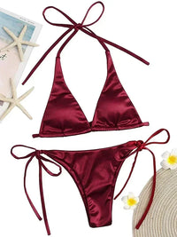 satin bikini metallic swimsuits women's string bikini high-cut swimwear shiny satin swimsuit