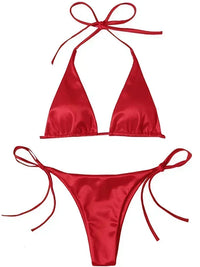 satin bikini metallic swimsuits women's string bikini high-cut swimwear shiny satin swimsuit