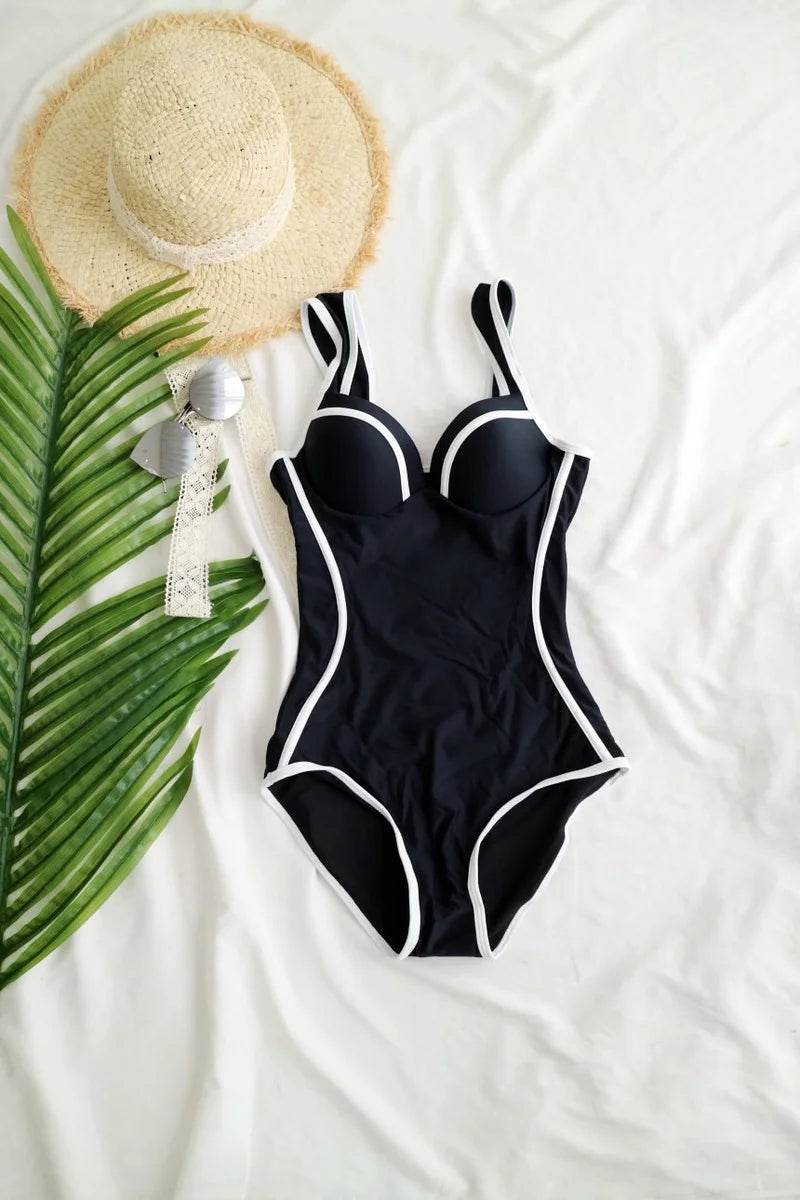 classic black white retro vintage one piece swimsuit women's full-coverage swimwear