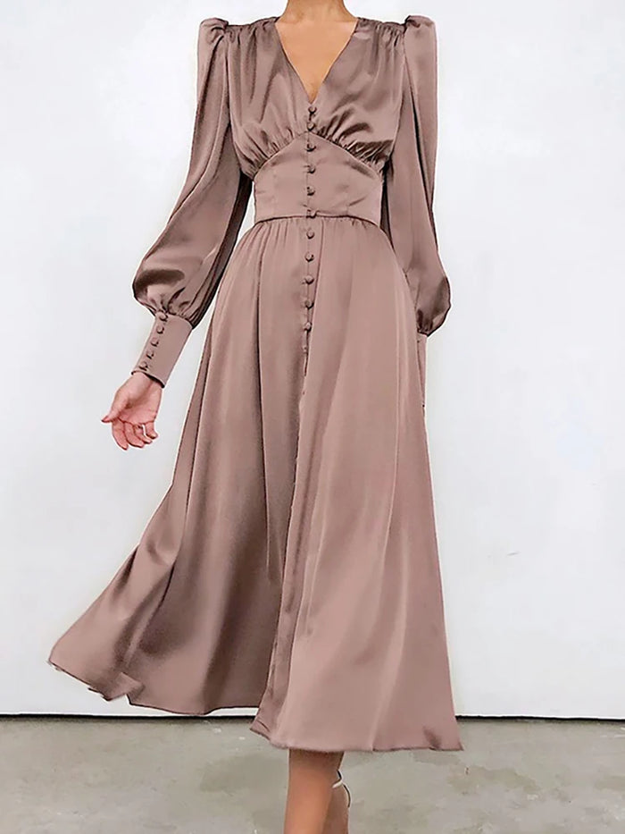 long satin dress buttoned work dress parisian clothing for women puffy lantern sleeves classy dresses