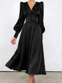 long satin dress buttoned work dress parisian clothing for women puffy lantern sleeves classy dresses