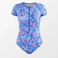 floral print rash guard short sleeved swimsuit women's one-piece swimwear zip up swimsuits