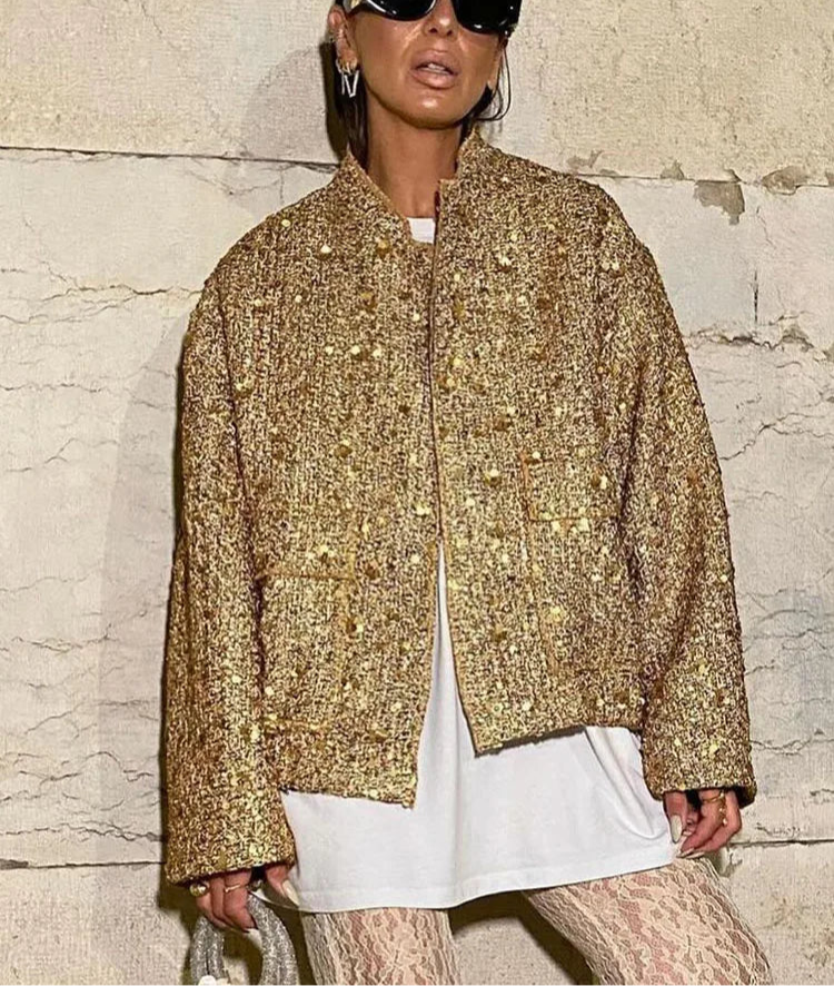 gold sequin women's jacket shiny boxy jackets cute coats for women going out cropped jackets