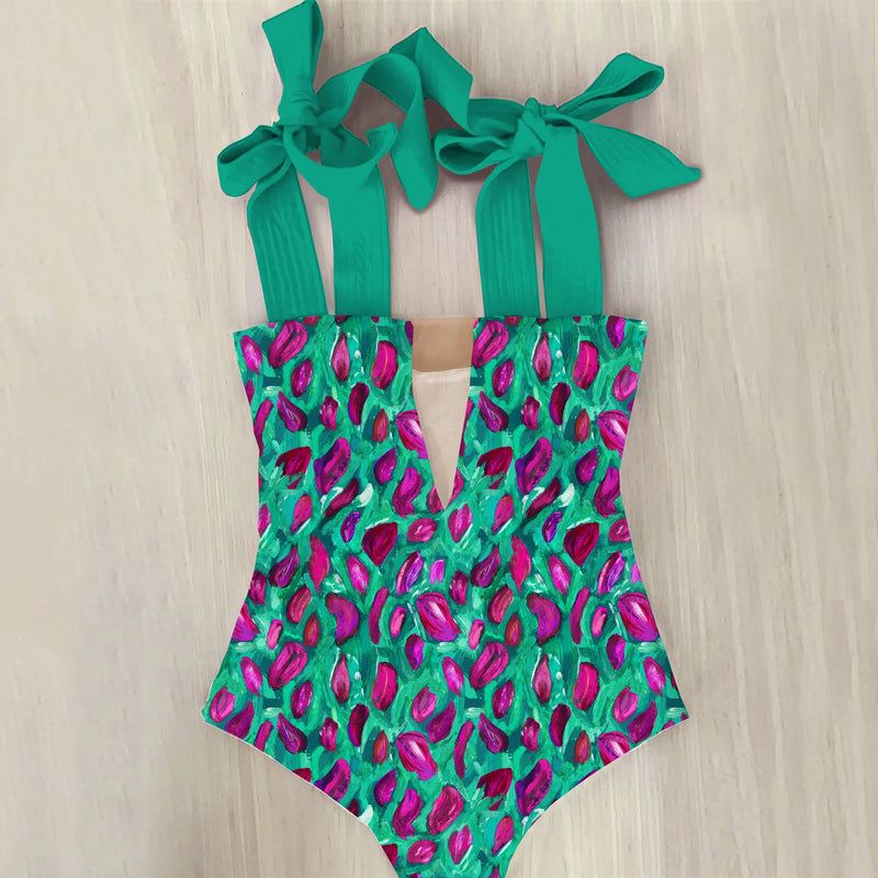 green petal one-piece swimsuit womens wide straps bow tie swimwear full coverage swimsuit