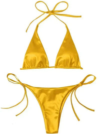 satin bikini metallic swimsuits women's string bikini high-cut swimwear shiny satin swimsuit