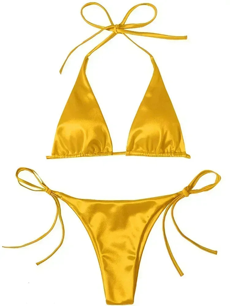 satin bikini metallic swimsuits women's string bikini high-cut swimwear shiny satin swimsuit