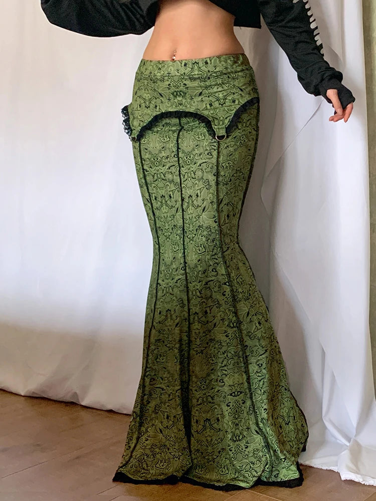 long green victorian trumpet skirt womens mermaid skirts floor length skirt for women fancy skirt