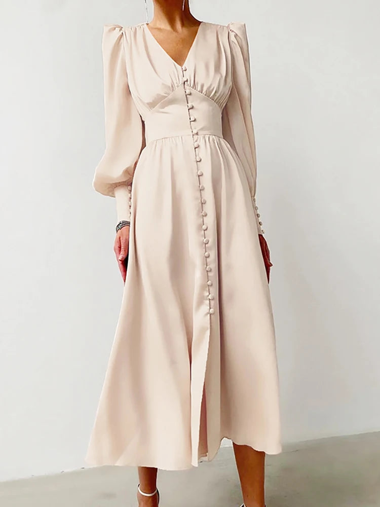 long satin dress buttoned work dress parisian clothing for women puffy lantern sleeves classy dresses