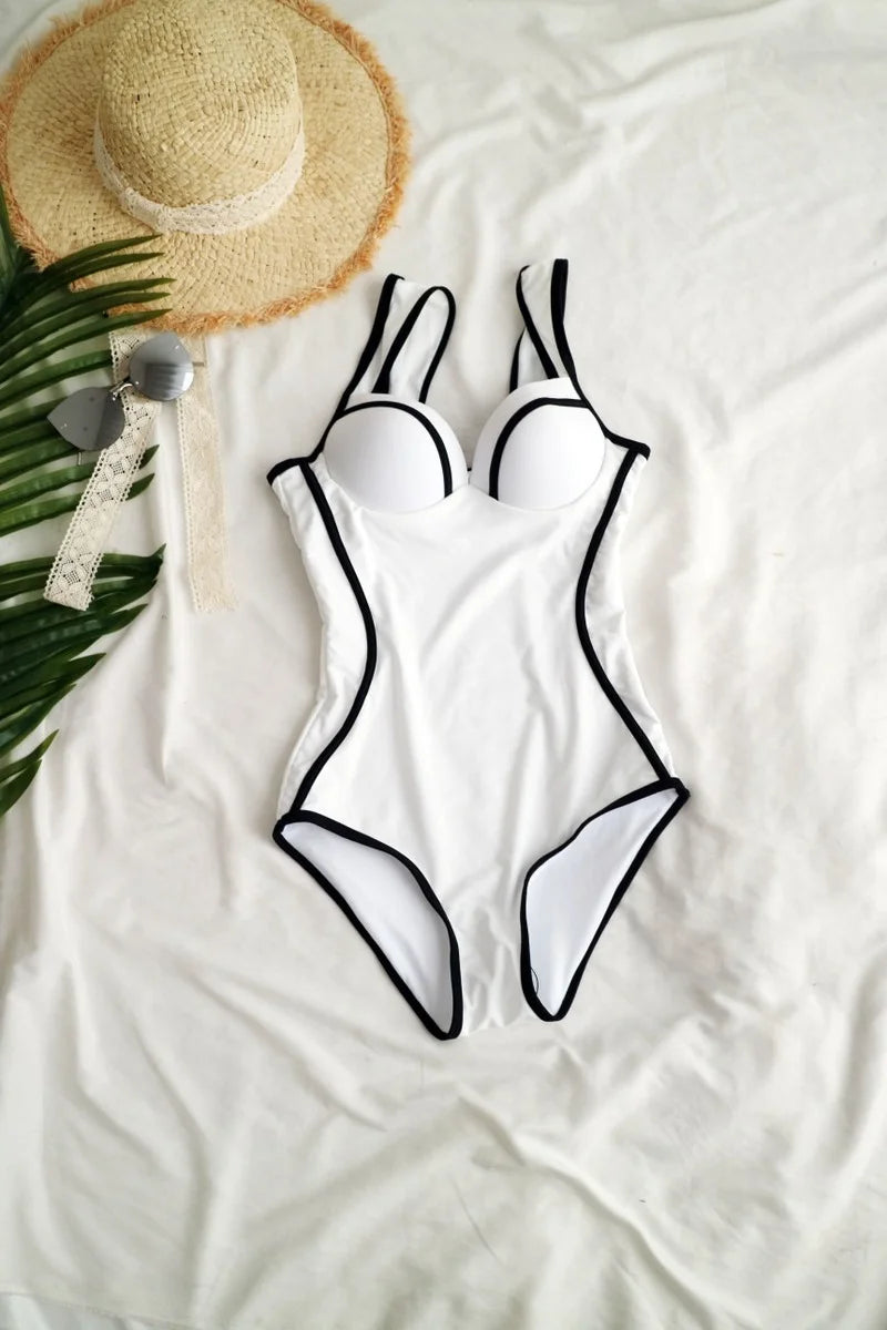 classic black white retro vintage one piece swimsuit women's full-coverage swimwear