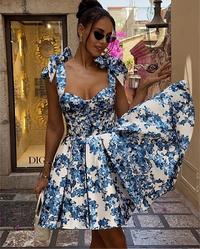 summer mini dress floral print dresses for women short summer dress wide skirt corset top dress with bows