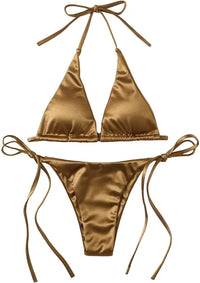 satin bikini metallic swimsuits women's string bikini high-cut swimwear shiny satin swimsuit