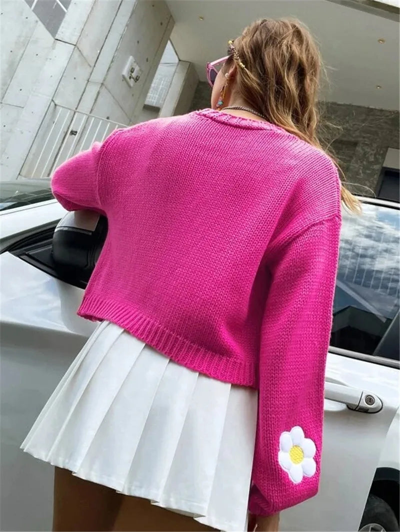 flower cardigan daisy sweater for women cute cropped sweaters embroidered cardi pastel knitwear