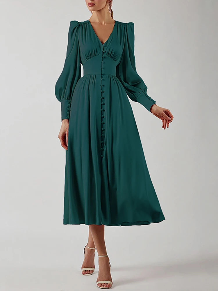 long satin dress buttoned work dress parisian clothing for women puffy lantern sleeves classy dresses