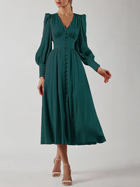 long satin dress buttoned work dress parisian clothing for women puffy lantern sleeves classy dresses