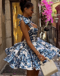 summer mini dress floral print dresses for women short summer dress wide skirt corset top dress with bows