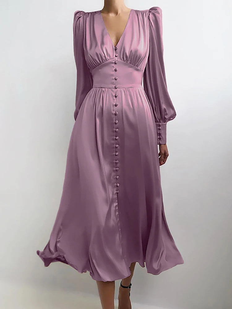 long satin dress buttoned work dress parisian clothing for women puffy lantern sleeves classy dresses